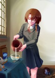 Rule 34 | 1girl, absurdres, brown hair, cereal, closed mouth, collared shirt, doll, doll head, expressionless, grey shirt, hair tie, highres, indoors, iwakura lain, jar, knees, layered clothes, long sleeves, milk, pleated skirt, pouring, school uniform, serial experiments lain, shirt, short hair, single sidelock, skirt, solo, spoon, table, tablecloth, the milkmaid, urizaku3, white shirt, wire