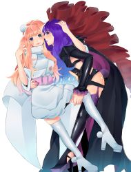 Rule 34 | boots, coat, dual persona, high heels, macross, macross frontier, macross frontier: itsuwari no utahime, orange hair, purple hair, scarf, segami, sheryl nome, shoes, thigh boots, thighhighs