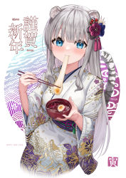 Rule 34 | 1girl, 2022, absurdres, animal ears, artificial flower, artist name, blue eyes, blunt bangs, blush, bowl, breasts, chinese zodiac, chopsticks, commentary request, eating, floral print, flower, food, hair flower, hair ornament, happy new year, highres, holding, holding bowl, holding chopsticks, japanese clothes, kimono, long hair, long sleeves, looking at viewer, medium breasts, mochi, new year, obi, original, patterned background, print kimono, purple flower, sash, sidelocks, silver hair, smile, solo, straight hair, taiga (ryukyu-6102-8), tail, tiger ears, tiger girl, tiger tail, very long hair, white kimono, wide sleeves, year of the tiger, yukata