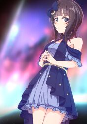 Rule 34 | 1girl, ajapar, asaka karin, black hair, blue eyes, blunt bangs, blurry, blurry background, blush, bow, breasts, collarbone, commentary, commentary request, dot mouth, dress, frilled dress, frills, hair bow, highres, layered dress, looking at viewer, love live!, love live! nijigasaki high school idol club, medium breasts, medium hair, my shadow (love live!), purple bow, purple dress, solo, standing, steepled fingers, upper body