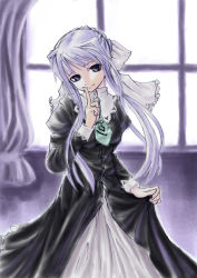 Rule 34 | 00s, 1girl, aqua necktie, backlighting, bad id, bad pixiv id, black dress, bow, buttons, cowboy shot, curtains, dress, female focus, finger to mouth, frilled bow, frills, hair bow, head tilt, index finger raised, indoors, juliet sleeves, lips, loky, long hair, long sleeves, looking at viewer, necktie, pink hair, puffy sleeves, purple eyes, school uniform, skirt hold, solo, standing, strawberry panic!, suzumi tamao, white bow, window