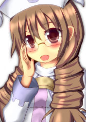 Rule 34 | 1girl, blush, breasts, brown eyes, brown hair, cecille, glasses, hat, long hair, luminous arc, open mouth