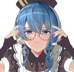 Rule 34 | 1girl, black dress, blue eyes, blue hair, braid, dress, earrings, fingerless gloves, glasses, gloves, hair ornament, hat, hololive, hoshimachi suisei, hoshimachi suisei (maid), jewelry, long hair, looking at viewer, maid, official alternate costume, official alternate hairstyle, pink nails, solo, star (symbol), star in eye, symbol in eye, ta shiuji30, virtual youtuber