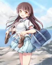 Rule 34 | 1girl, :d, bag, breasts, brown eyes, brown hair, hair ornament, hairclip, holding, jas (annkoromochi), long hair, open mouth, original, pleated skirt, school uniform, shoes, skirt, smile, solo