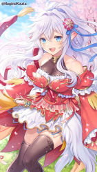 Rule 34 | 1girl, :d, artist name, bare shoulders, black thighhighs, blue eyes, breasts, cherry blossoms, cleavage, collarbone, commentary, commission, detached sleeves, dress, elf, forehead, frilled dress, frills, gold trim, hagino kouta, hair between eyes, hair ornament, hair ribbon, highres, knees together feet apart, large breasts, long sleeves, open mouth, original, outdoors, petals, pointy ears, red dress, ribbon, shadow, skeb commission, smile, solo, tassel, teeth, thighhighs, upper teeth only, white dress, white hair, wide sleeves