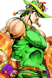 Rule 34 | 1boy, bad id, bad pixiv id, bare shoulders, green eyes, green hair, hat, highres, jack-ddd-no13, jewelry, jojo no kimyou na bouken, joseph joestar, joseph joestar (young), male focus, manly, matching hair/eyes, muscular, official style, pectorals, scarf, solo