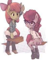 Rule 34 | 2girls, animal ears, apple bloom, arm up, black eyes, black footwear, black pants, blue shirt, boots, bow, brown eyes, brown footwear, colored skin, conoghi, curly hair, desk, glasses, grey skin, hair bow, hasbro, heart, heart print, horse ears, horse girl, horse tail, long hair, long sleeves, multiple girls, my little pony, my little pony: equestria girls, my little pony: friendship is magic, open mouth, pants, pink bow, pink skirt, plaid, plaid shirt, print shirt, red hair, shirt, shoes, sitting, skirt, smile, standing, tail, twist (mlp), white background, white shirt, white skirt, yellow skin