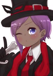 Rule 34 | 1girl, black gloves, black hat, black jacket, black vest, blush, closed mouth, collared shirt, dark-skinned female, dark skin, fate/prototype, fate/prototype: fragments of blue and silver, fate (series), gloves, hand up, hassan of serenity (fate), hat, highres, holding, i.u.y, index finger raised, jacket, long sleeves, looking at viewer, necktie, one eye closed, open clothes, open jacket, purple eyes, purple hair, red necktie, shirt, simple background, solo, swept bangs, top hat, upper body, vest, white background, white shirt
