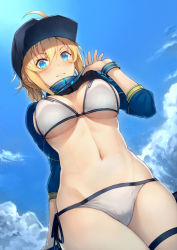 Rule 34 | 1girl, :3, ahoge, artoria pendragon (fate), baseball cap, bikini, blonde hair, blue eyes, blue hat, blue sky, blush, breasts, closed mouth, cloud, commentary request, day, fate/grand order, fate (series), hat, kyoeiki, large breasts, looking at viewer, mysterious heroine x (fate), mysterious heroine xx (fate), navel, ponytail, short hair, shrug (clothing), sky, solo, swimsuit, white bikini