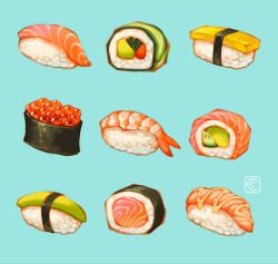 Rule 34 | blue background, eyanin, fish (food), food, food focus, highres, hinamatsuri, no humans, original, rice, roe, sashimi, sushi