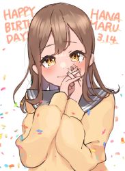 Rule 34 | 1girl, artist name, artist request, blush, bow, bowtie, breasts, brown eyes, brown hair, collarbone, eyebrows, female focus, fingers together, grey sailor collar, hair between eyes, highres, kunikida hanamaru, light brown hair, long hair, long sleeves, looking at viewer, love live!, love live! sunshine!!, matching hair/eyes, orange bow, orange bowtie, own hands together, parted lips, sailor collar, school uniform, sleeves past wrists, smile, solo, sweater, sweater vest, upper body, uranohoshi school uniform, vest, white background, yellow eyes, yellow sweater, yellow vest