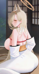 Rule 34 | 1girl, animal ears, ass, back, bare shoulders, blonde hair, blue archive, breasts, detached sleeves, hairband, halo, highres, indoors, kaho (blue archive), kono (xerondan321), large breasts, long hair, looking at viewer, looking back, on floor, sideboob, sitting, solo, yellow eyes