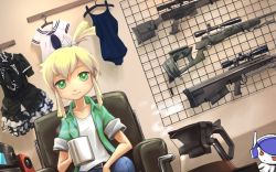 Rule 34 | 1girl, anti-materiel rifle, barrett xm500, black dress, blonde hair, bullpup, chair, clothes hanger, coffee, coffee pot, cup, dress, dutch angle, green eyes, gun, hair ribbon, highres, indoors, iris (material sniper), ironlily, looking at viewer, material sniper, mug, one-piece swimsuit, pokky, ribbon, rifle, school uniform, scope, serafuku, short hair, sitting, sleeves rolled up, smile, sniper rifle, solo, speaker, steam, swimsuit, topknot, weapon, weapon rack