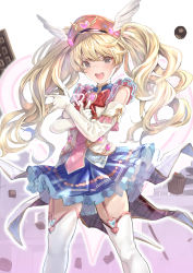 Rule 34 | 1girl, bishoujo senshi sailor moon, blonde hair, blue skirt, blush, bow, breasts, brooch, chocolate, elbow gloves, feathers, frills, gloves, granblue fantasy, grey eyes, hat, heart, highres, jewelry, large breasts, long hair, looking at viewer, monika weisswind, open mouth, parody, peaked cap, red bow, red hat, shimofuri, shirt, skirt, sleeveless, sleeveless shirt, smile, solo, thighhighs, thighs, tsuki ni kawatte oshioki yo, twintails, wavy hair, white gloves, white thighhighs