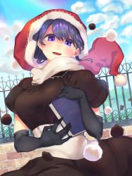 Rule 34 | 1girl, black dress, black gloves, black sleeves, blue sky, breasts, cloud, cloudy sky, doremy sweet, dress, fence, gloves, hair between eyes, hat, highres, lake, looking at viewer, medium breasts, open mouth, pom pom (clothes), purple eyes, purple hair, red hat, short hair, short sleeves, sky, smile, solo, touhou, tree, wankosoba, water, white dress