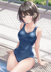 Rule 34 | 1girl, :/, arm support, blue one-piece swimsuit, blurry, blurry background, blush, breasts, brown eyes, brown hair, chain-link fence, closed mouth, collarbone, covered navel, day, expressionless, eye reflection, fence, groin, highres, light blush, looking at viewer, medium breasts, new school swimsuit, on floor, one-piece swimsuit, original, outdoors, poolside, reflection, school swimsuit, short hair, sitting, soaking feet, solo, swimsuit, water, wet, wet clothes, wet swimsuit, wing (aiastor)