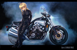 Rule 34 | 1girl, ahoge, artoria pendragon (all), artoria pendragon (fate), blonde hair, boyaking, fate/zero, fate (series), formal, motor vehicle, motorcycle, necktie, pant suit, pants, ponytail, saber (fate), solo, suit, vehicle, yamaha v-max
