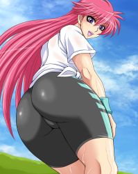 Rule 34 | 1girl, ass, back, bike shorts, blouse, blush, from behind, long hair, looking at viewer, looking down, mighty yukiko, open mouth, pink hair, purple eyes, shiny clothes, shiny skin, shirt, smile, solo, sweat, taroimo (00120014), very long hair, wrestle angels, wrestle angels survivor, wristband