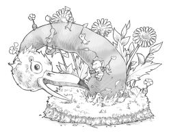 Rule 34 | 1boy, backpack, bag, big nose, blue pikmin, bud, burrowing snagret, closed eyes, creature, dandelion, debris, falling, fighting, flower, gloves, grass, greyscale, helmet, holding, holding creature, imminent throw, leaf, midair, monochrome, naru (wish field), nintendo, no mouth, olimar, outstretched arms, patch, pikmin (creature), pikmin (series), pointy ears, pointy nose, radio antenna, red pikmin, short hair, space helmet, spacesuit, triangle mouth, very short hair, white background, yellow pikmin