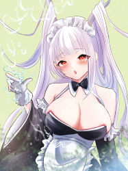 Rule 34 | 1girl, absurdres, apron, azur lane, bare shoulders, black dress, breasts, cleavage, dragon horns, dress, gloves, hair on horn, highres, horns, large breasts, long hair, long sleeves, looking at viewer, maid, maid headdress, musan (muusan lv1), official alternate costume, red eyes, shimanto (azur lane), shimanto (the comfy dragon god) (azur lane), solo, very long hair, waist apron, white apron, white gloves, white hair, wide sleeves
