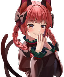 Rule 34 | 1girl, animal ears, banned artist, black bow, bow, braid, cat ears, cat tail, dress, green dress, hair bow, juliet sleeves, kaenbyou rin, long sleeves, multiple tails, nekomata, puffy sleeves, red eyes, red hair, solo, steepled fingers, tail, tongue, tongue out, touhou, twin braids, two tails, upper body, white background, yuuka nonoko