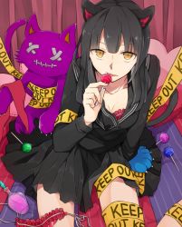 Rule 34 | 1girl, animal ears, animal hands, bad id, bad pixiv id, black hair, bra, candy, cat ears, cat tail, caution tape, envy cat walk (vocaloid), food, from above, gloves, kan&#039;yu (citron 82), keep out, lingerie, lollipop, long hair, panties, paw gloves, school uniform, serafuku, sitting, skirt, solo, stuffed animal, stuffed toy, tail, underwear, unworn panties, vocaloid, yellow eyes