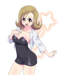 Rule 34 | 1girl, absurdres, breasts, brown eyes, brown hair, cleavage, dress, earrings, highres, jewelry, original, short dress, solo, strapless, strapless dress, tennouji masamichi