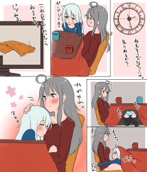 Rule 34 | 2girls, alternate costume, black legwear, blue eyes, blue sweater, blush, breasts, closed mouth, comic, commentary request, cup, eyes visible through hair, facial scar, gangut (kancolle), gradient background, grey eyes, grey hair, hair between eyes, hibiki (kancolle), highres, kantai collection, kotatsu, long hair, long sleeves, medium breasts, multiple girls, panties, red sweater, scar, scar on cheek, scar on face, sleeping, striped clothes, striped panties, sweater, table, tama (tamago), television, thighhighs, translation request, underwear, zaisu