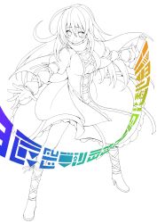 Rule 34 | 1girl, breasts, cape, eichi yuu, full body, highres, hijiri byakuren, large breasts, lineart, long hair, long sleeves, monochrome, outstretched arms, puffy sleeves, smile, solo, sorcerer&#039;s sutra scroll, spot color, touhou, transparent background, very long hair