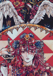 Rule 34 | 1girl, art nouveau, bird, blue flower, bow, commentary, english commentary, etherbeam, eyelashes, flower, hair flower, hair ornament, highres, holding, holding sword, holding weapon, kirijou mitsuru, looking at viewer, open mouth, painting (medium), parted lips, persona, persona 3, pink flower, red bow, red flower, red hair, skull on head, solo, sword, traditional media, upper body, watercolor (medium), weapon
