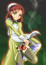 Rule 34 | 1girl, apron, artist name, brown hair, character name, character request, closed mouth, garter straps, green neckwear, green shirt, green skirt, green thighhighs, gun, holding, holding gun, holding weapon, holster, long skirt, long sleeves, looking at viewer, maid, precure, shirt, short hair, skirt, solo, standing, standing on one leg, thigh holster, thighhighs, tomo5656ky, twitter username, weapon, white apron, yellow eyes