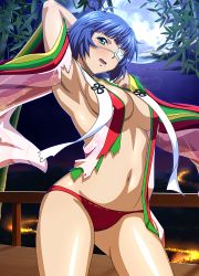 Rule 34 | 1girl, ahoge, armpits, blue hair, breasts, cleavage, embarrassed, eyepatch, green hair, head tilt, highres, ikkitousen, japanese clothes, kimono, large breasts, outdoors, panties, red panties, ryomou shimei, short hair, solo, standing, stomach, torn clothes, torn kimono, underwear, wavy mouth