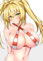 Rule 34 | 10s, 1girl, ahoge, arms behind back, bare shoulders, bikini, blonde hair, blush, breasts, cleavage, collarbone, fate/extra, fate/grand order, fate (series), green eyes, hair intakes, halterneck, highres, large breasts, long hair, looking at viewer, navel, nero claudius (fate), nero claudius (fate) (all), nero claudius (swimsuit caster) (fate), sankakusui, shiny skin, sideboob, simple background, skindentation, smile, solo, striped bikini, striped clothes, swimsuit, twintails, white background
