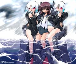 Rule 34 | 3girls, braid, brown hair, character name, i-58 (submarine), imperial japanese navy, japanese flag, kaiten (weapon), mecha musume, military, multicolored hair, multiple girls, no pants, ocean, oekaki, one-piece swimsuit, open mouth, original, outdoors, personification, red eyes, school swimsuit, short hair, submarine, swimsuit, swimsuit under clothes, torpedo, two-tone hair, watercraft, white hair, world war ii, yonezuka ryou