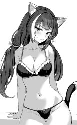 Rule 34 | 1girl, absurdres, animal ears, bikini, breasts, cat ears, cat girl, cat tail, closed mouth, gluteal fold, greyscale, highres, karyl (princess connect!), long hair, looking at viewer, low twintails, medium breasts, metsu end, monochrome, multicolored hair, princess connect!, solo, streaked hair, swimsuit, tail, thigh gap, twintails