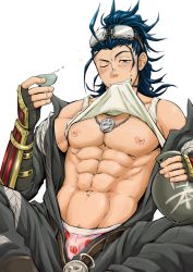 Rule 34 | 10s, 1boy, abs, bara, belt, black hair, brown eyes, choko (cup), clothes lift, cup, draw two, fingerless gloves, food print, gloves, goggles, goggles on head, gourd, grin, jewelry, male focus, mouth hold, muscular, necklace, nihongou, nihongou (touken ranbu), nipples, one eye closed, open clothes, ponytail, shirt lift, smile, solo, strawberry print, touken ranbu, underwear