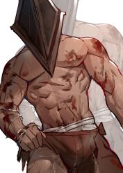 Rule 34 | 1boy, abs, absurdres, blood on pectorals, bulge, clothes pull, cowboy shot, facing viewer, helmet, highres, large pectorals, male focus, midriff sarashi, muscular, muscular male, navel, nipples, pants, pants pull, pectorals, projected inset, pyramid head, sarashi, scar, scar on chest, silent hill (series), solo, standing, stomach, sweat, thighs, topless male, very sweaty, wan ma (wanma222)