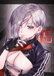 Rule 34 | 1girl, arm support, black gloves, blue eyes, breasts, character name, cleavage, cleavage cutout, closed mouth, clothing cutout, expressionless, fingerless gloves, girls&#039; frontline, gloves, hair between eyes, hand on own chin, highres, jacket, jewelry, lips, looking away, medium breasts, mg5 (girls&#039; frontline), nail polish, purple jacket, red nails, revealing clothes, ring, shinima, short hair, silver hair, solo, upper body