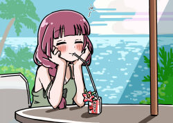 Rule 34 | 1girl, alcohol, bendy straw, black bow, blush, bocchi the rock!, bow, braid, breasts, carton, cleavage, closed eyes, commentary, dress, drinking straw, drinking straw in mouth, green dress, hair bow, hands on own face, hiroi kikuri, long hair, low-braided long hair, low-tied long hair, medium breasts, ocean, off shoulder, palm tree, purple hair, single braid, small breasts, solo, symbol-only commentary, torako (toramaru), tree