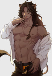 Rule 34 | 1boy, absurdres, animal ears, braid, dark-skinned male, dark skin, green eyes, hand up, highres, leona kingscholar, licking lips, lion tail, long hair, navel, open clothes, open shirt, pectorals, shirt, simple background, solo, standing, tail, tattoo, toned, toned male, tongue, tongue out, twisted wonderland, underpants, undressing, waniwani4869, white background, white shirt