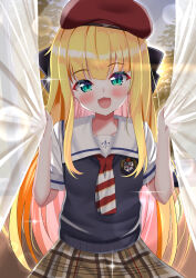 Rule 34 | 1girl, absurdres, beret, blonde hair, blue eyes, blush, breasts, collarbone, commentary request, curtains, hat, highres, lens flare, long hair, looking at viewer, mononobe alice, mononobe alice (3rd costume), nijisanji, open mouth, school uniform, sky, small breasts, solo, sunset, virtual youtuber, yoshino sakura (0db5t510388113n)
