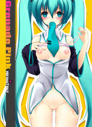 Rule 34 | 1girl, bad id, bad pixiv id, bandaid, bandaid on pussy, bandaids on nipples, blue eyes, blue hair, blush, bottomless, bra, bra lift, breasts, detached sleeves, hatsune miku, juna, lingerie, long hair, matching hair/eyes, mouth hold, necktie, no panties, open clothes, open shirt, pasties, shirt, solo, twintails, underwear, vocaloid