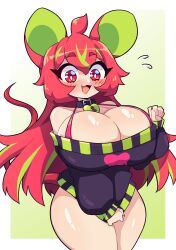 Rule 34 | 1girl, absurdres, animal ears, blush, breasts, cleavage, collar, daigada, highres, huge breasts, long hair, long sleeves, mouse ears, mouse girl, mouse tail, open mouth, original, red eyes, red hair, solo, sweater, tail, thick thighs, thighs