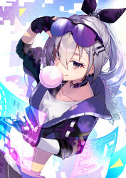 Rule 34 | 1girl, absurdres, black gloves, black ribbon, chewing gum, collarbone, commentary request, crossed bangs, ear piercing, fingerless gloves, gloves, goggles, goggles on head, grey eyes, grey hair, grey jacket, hair ribbon, highres, holographic interface, honkai: star rail, honkai (series), jacket, long hair, looking at viewer, midriff, piercing, ponytail, ribbon, shirt, silver wolf (honkai: star rail), smile, solo, tsukudani (ore624), white shirt