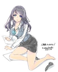 Rule 34 | 1girl, aizawahiroshi, artist name, barefoot, black footwear, black skirt, blue eyes, blue neckwear, blue vest, breasts, cleavage, closed mouth, formal, green eyes, long hair, long sleeves, looking at viewer, looking back, ningyo hime (sinoalice), office lady, on floor, paper, polo shirt, shirt, shoes, simple background, single shoe, sinoalice, sitting, skirt, solo, toes, twitter username, vest, white background, white shirt