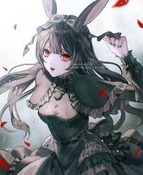 Rule 34 | 1girl, :d, animal ears, black bow, black capelet, black dress, black hair, black nails, bow, breasts, capelet, clothing cutout, dress, frilled capelet, frilled dress, frills, gradient background, grey background, hair bow, highres, long hair, long sleeves, looking at viewer, medium breasts, nail polish, open mouth, original, petals, pixiv id, rabbit ears, rabbit tail, red eyes, sakuyu, smile, solo, tail, tail through clothes, twitter username