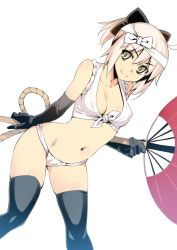 Rule 34 | 1girl, ahoge, bare shoulders, black gloves, black thighhighs, bow, breasts, closed mouth, covered erect nipples, elbow gloves, fate/grand order, fate (series), fundoshi, gloves, green eyes, hair bow, hand fan, headband, holding, holding fan, japanese clothes, looking at viewer, medium breasts, namonashi, navel, okita souji (fate), okita souji (koha-ace), ponytail, shirt, simple background, smile, solo, spread legs, standing, thighhighs, tied shirt, white background, white bow