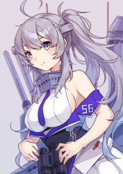 Rule 34 | 1girl, ahoge, bare shoulders, blue necktie, breasts, grey background, grey hair, headgear, kantai collection, large breasts, long hair, military, military uniform, mitsuyo (mituyo324), necktie, off shoulder, ponytail, purple eyes, shirt, simple background, sleeveless, sleeveless shirt, solo, uniform, washington (kancolle), washington kai (kancolle), white shirt