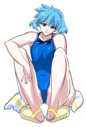 Rule 34 | 1girl, blue hair, blue one-piece swimsuit, competition swimsuit, feet, full body, goggles, goggles around neck, green eyes, hand on leg, highres, kuroda kazuya, legs folded, looking at viewer, meia gisborn, nail polish, non-web source, official art, one-piece swimsuit, sandals, short hair, simple background, smile, solo, swimsuit, toenail polish, toenails, toes, towel, vandread, wet, white background