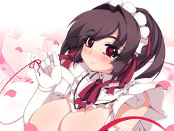 Rule 34 | 1girl, akatsuki alut, blush, breasts, brown hair, censored, cleavage, close-up, convenient censoring, elbow gloves, female focus, frills, gloves, heart, heart-shaped pupils, huge breasts, large breasts, maid, maid headdress, mel/a, original, red eyes, saionji mikoto, short hair, solo, string, string of fate, symbol-shaped pupils, thread, white gloves, zoom layer